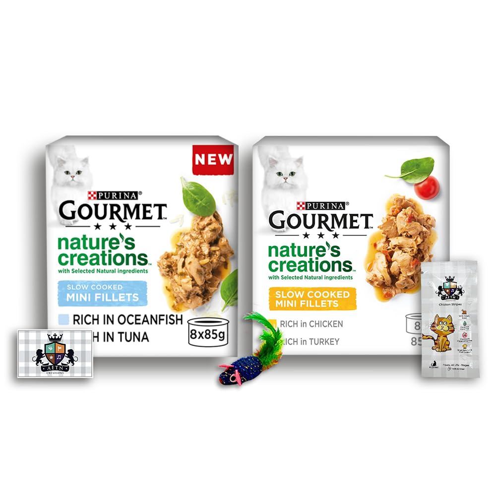 AETN CreationsNature's Creations Bundle of 2x8x85g Wet Mixed Cat Food Pack- Poultry and Fish with Delicious AETN Treat and Fun Mouse Toy