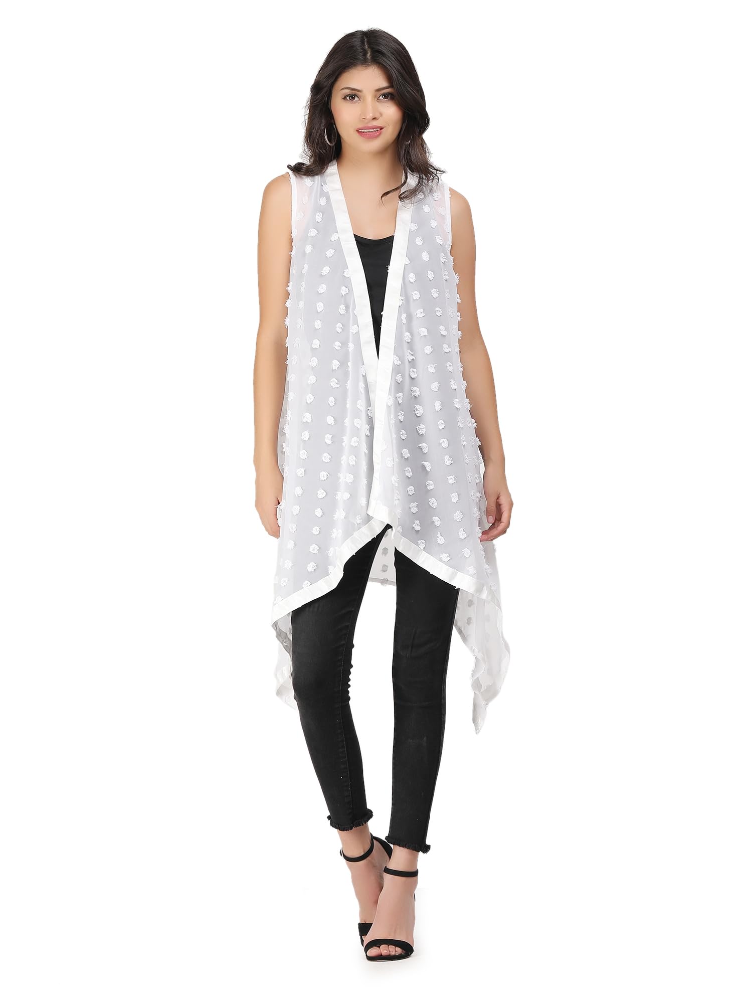 aol Women's Sleeveless Light Weight Georgette Embellished Open Neck High-Low Long Summer Shrug with Lace-picture-23