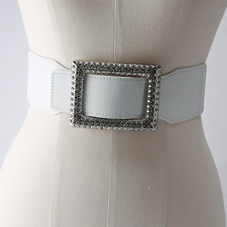 Women Fashion Belt with Rhinestone Buckle - Western Cowgirl Style Bling Elastic Waistband for Dress Jeans Pants S/M3