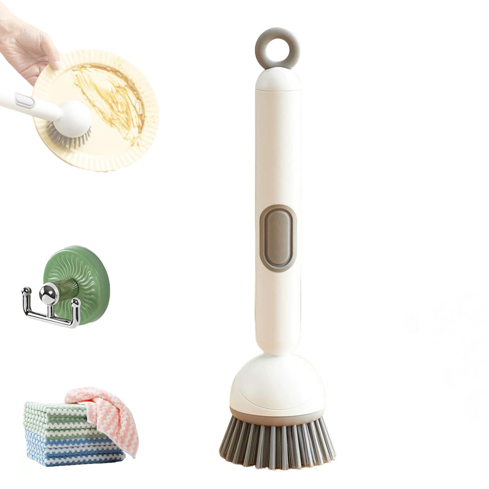 6-in-1 Rotatable Dish Brush with Detergent Dispenser, 360° Dish Scrub Brush with Soap Dispenser, Adjustable Angle, PET Bristles for Efficient Cleaning Pots, Pans, Tableware, Cookware (White)