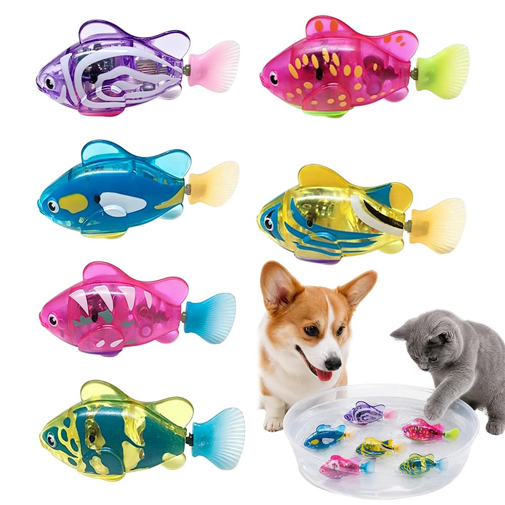 CLIUNT 6 PCS Electronic Pet Fish, Robot Fish, Sensors Activated Swimming Fishes with Light Up, Interactive Robotic Fishes for Cats, Glowing & Interactive, for Bathtub Pool Garden Summer Outdoor