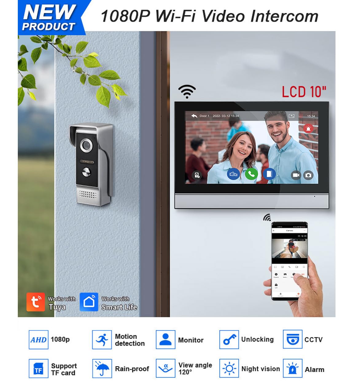 WiFi Pantalla táctil de 10 Pulgadas HD 1080p Ultrafino Inalámbrico Videoportero Timbre Video Interfono,Detección de Movimiento, Compatible con la App Tuya, Almacenamiento de Vídeo Gratuito