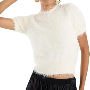 Karwuiio Women Soft Fuzzy Sweater Short Sleeve Furry Cropped Sweater Soft Shaggy Knit Pullover Jumper