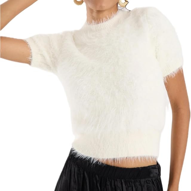 Karwuiio Women Soft Fuzzy Sweater Short Sleeve Furry Cropped Sweater Soft Shaggy Knit Pullover Jumper