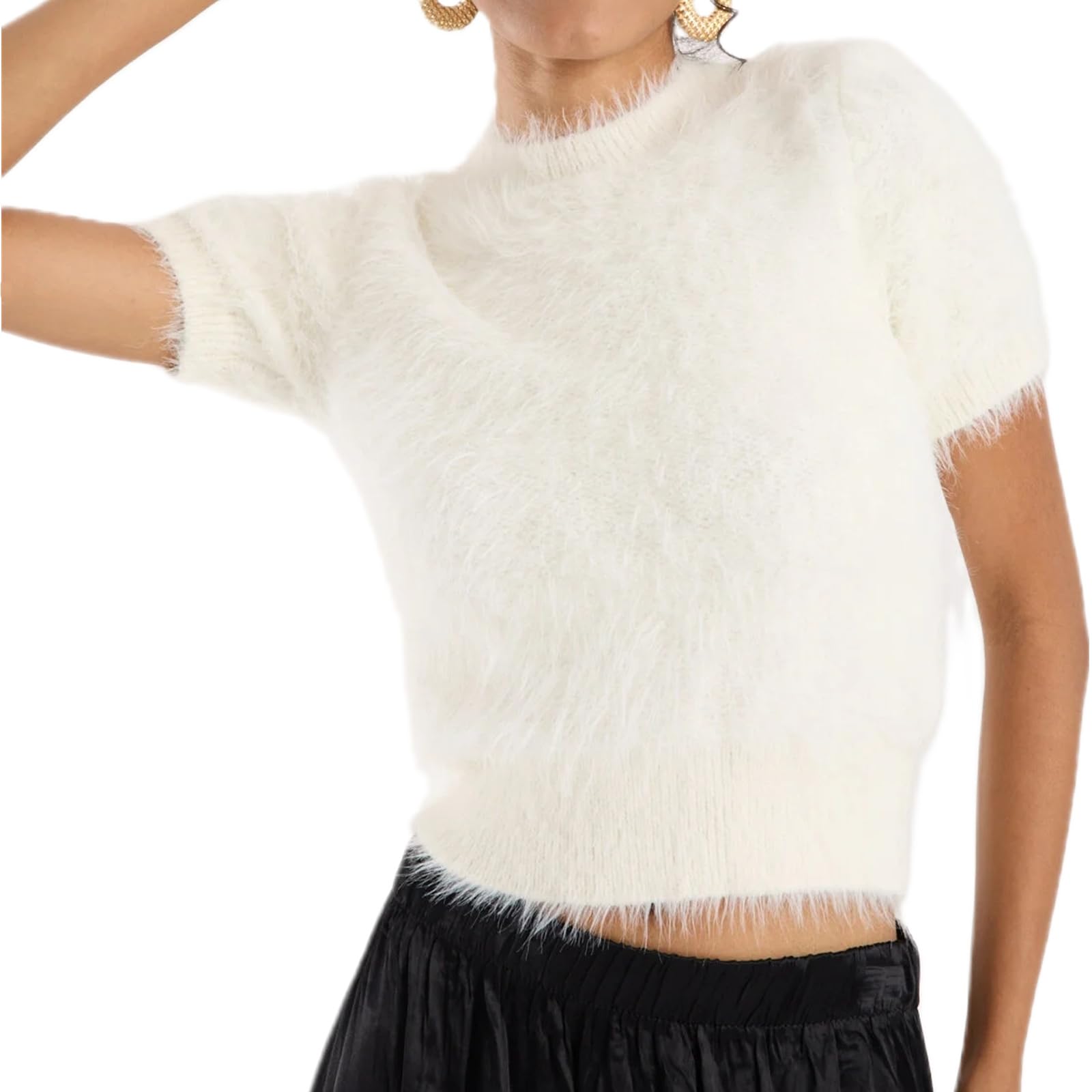 Karwuiio Women Soft Fuzzy Sweater Short Sleeve Furry Cropped Sweater Soft Shaggy Knit Pullover Jumper
