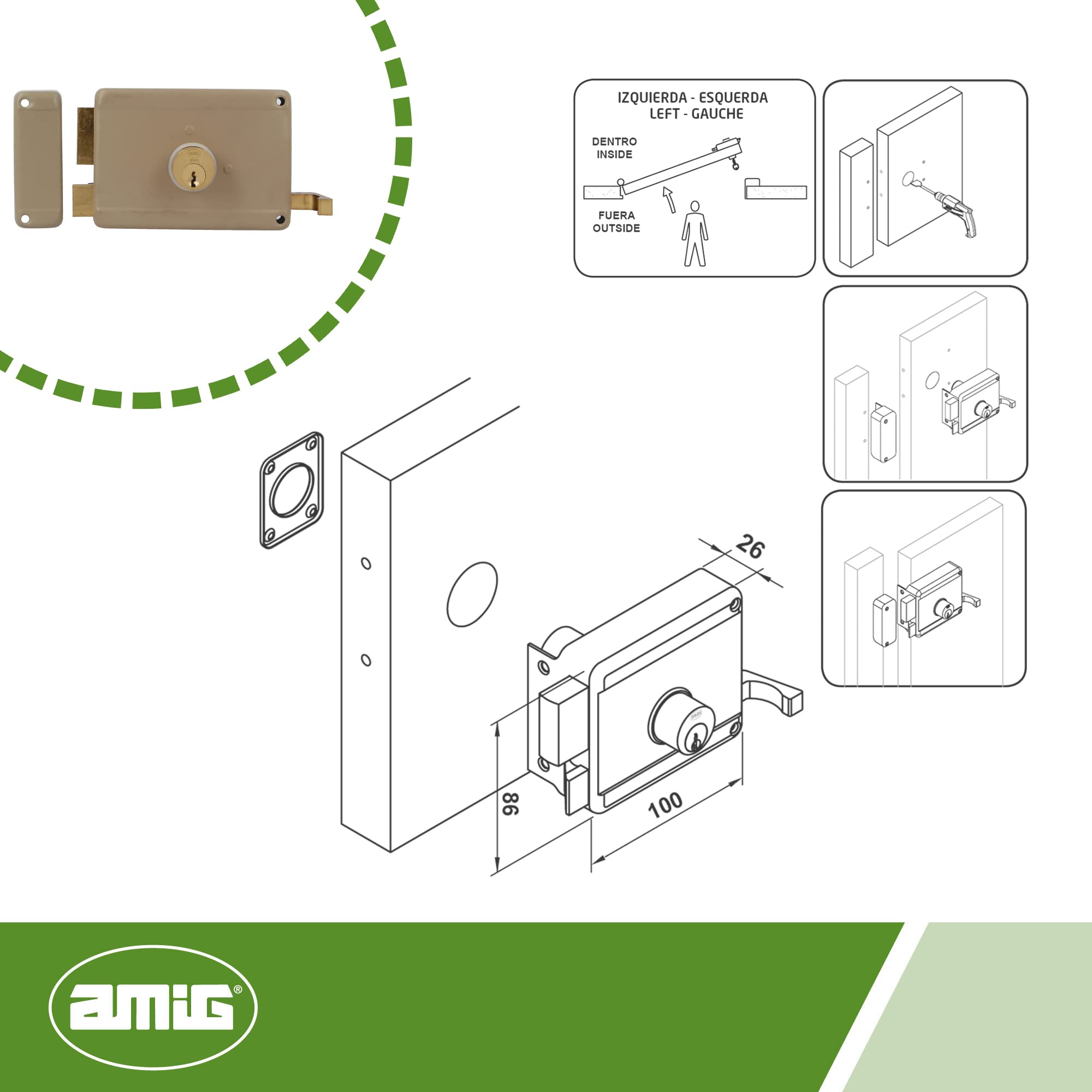 Amig - Rechtsdraaiend opbouwslot met vergrendelingshendel, schoot en handgreep voor houten deuren model 77-100 x 85 mm - Schoot met ronde getande cilinder - Beige staal