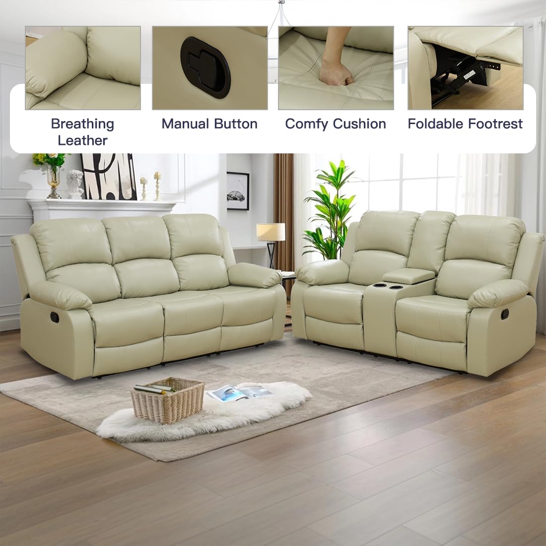 Toseslo Living Room Furniture Sets, Manual Reclining Sofa and Lovseat Set with Drop-Down Table, Leather Recliner Couch Sets, Recliner Sofa with Storage Console/Cup Holder for Home/Apartment(Beige) view 4