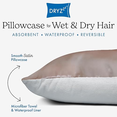Vista 2 de DryZzz Funda de almohada de toalla de satén rosa Funda de almohada de microfibra absorbente para cabello húmedo Funda de almohada de satén