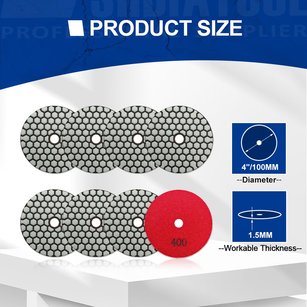SHDIATOOL Suche diamentowe podkładki polerskie - 8 sztuk ziarnistość 400 100 mm zestaw do polerowania granitu, marmuru, sztucznego kamienia, kwarcu do szlifierek kątowych