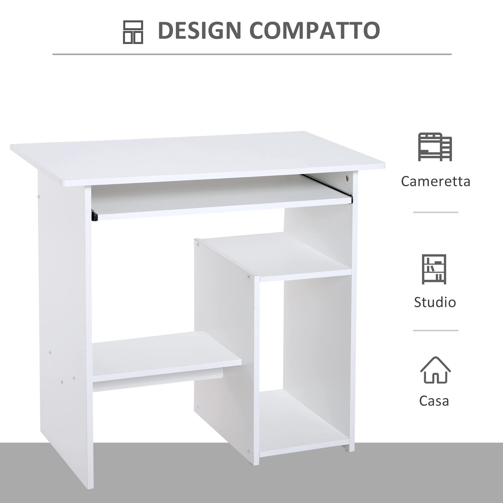 HOMCOM Scrivania Salvaspazio da Casa e Ufficio Porta PC 80x45x75cm Bianco | Scrivania per Computer Moderna, Porta PC, Ripiano per CPU, Mensola per Tastiera Estraibile in Legno