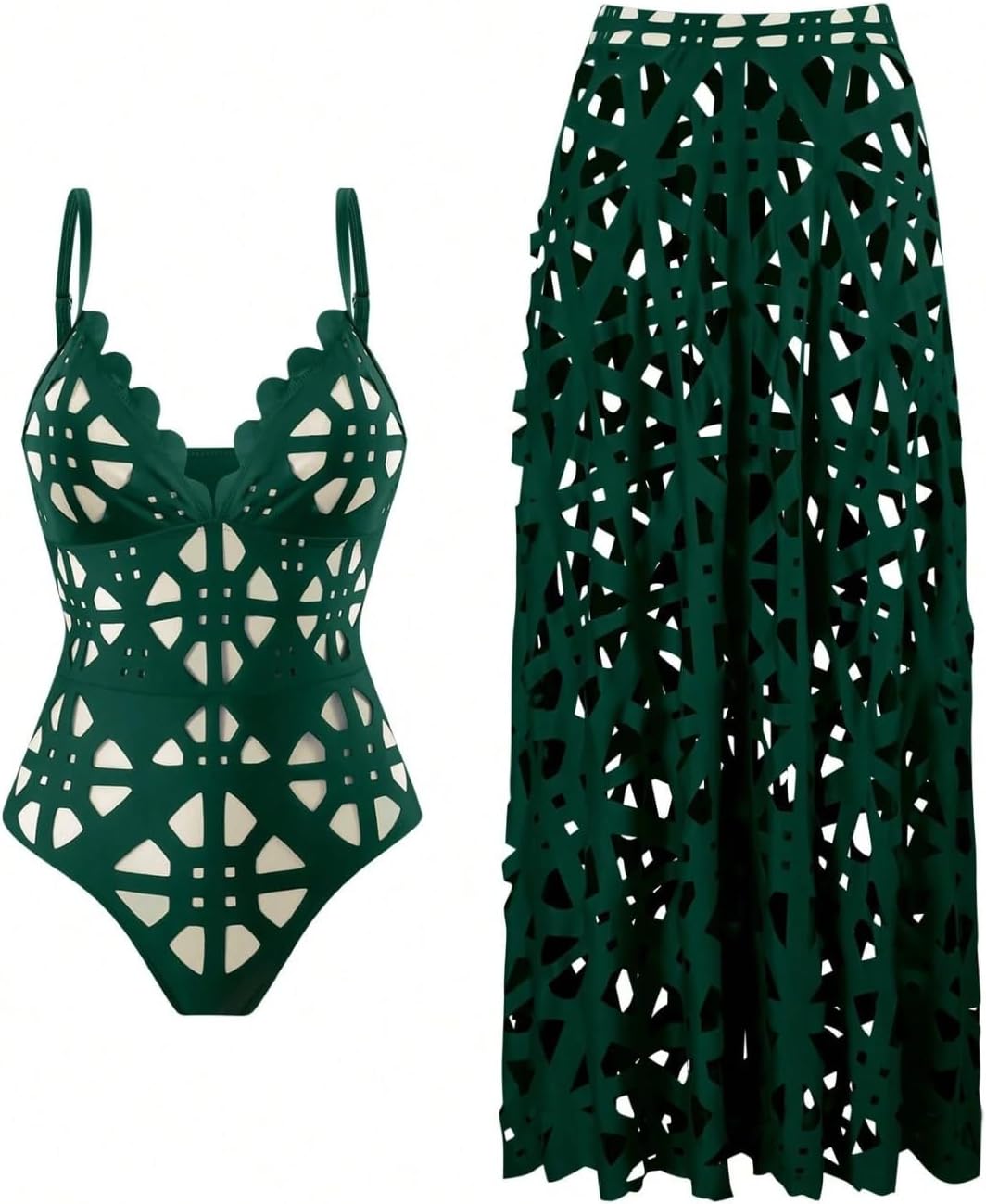 New Summer Women's Laser Cut Out Halter Sexy Hollow Out One Piece Swimsuit Skirt Set, Fashionable Pool Outfit