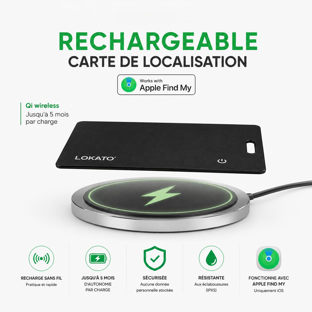 LOKATO Carte de Localisation Rechargeable Compatible Apple Find My