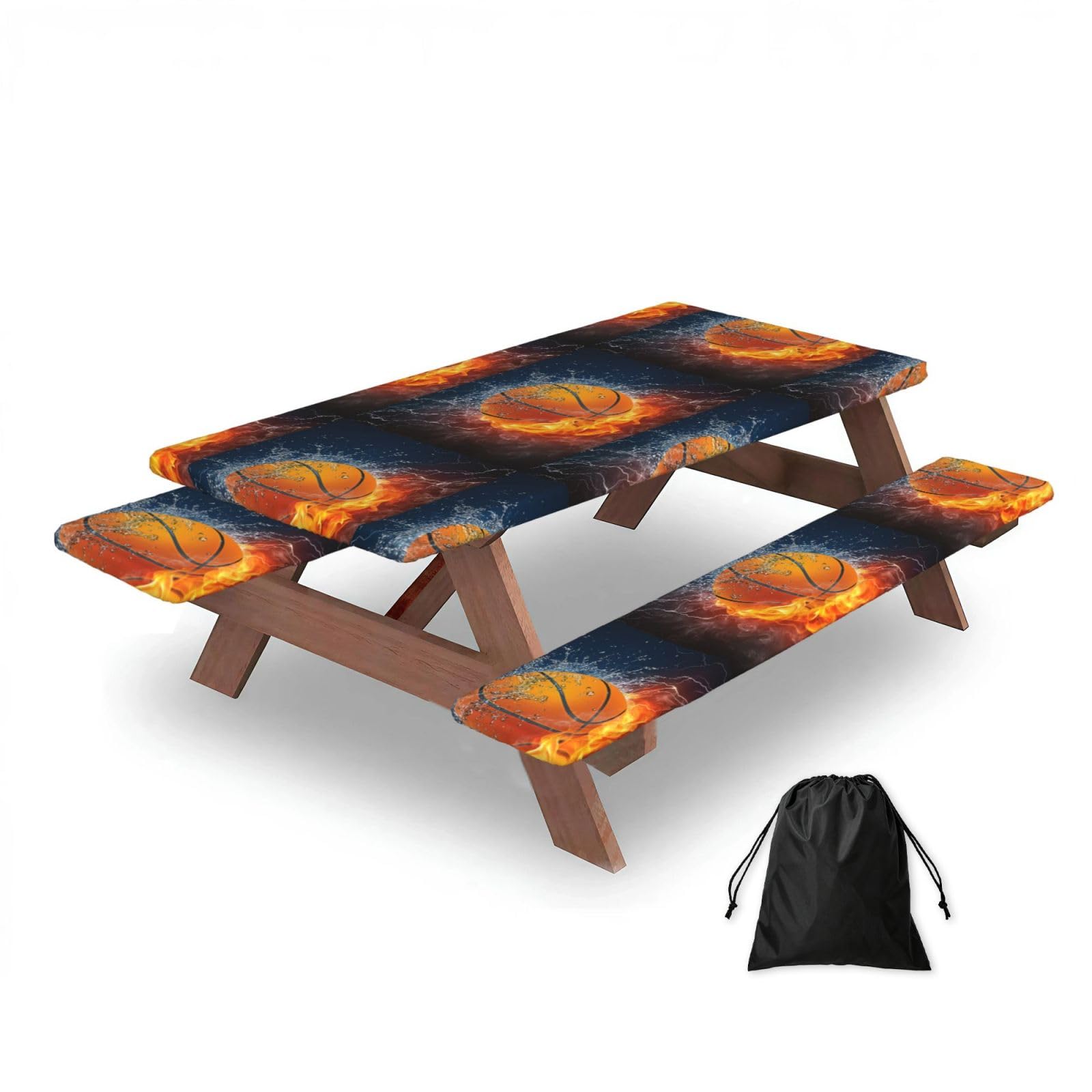 Dopklna As Picture Fire And Ice Basketball, Picnic Table Cover With Bench Covers -Waterproof Elastic Fitted Tablecloth For Garden Camping Patio 76X152cm