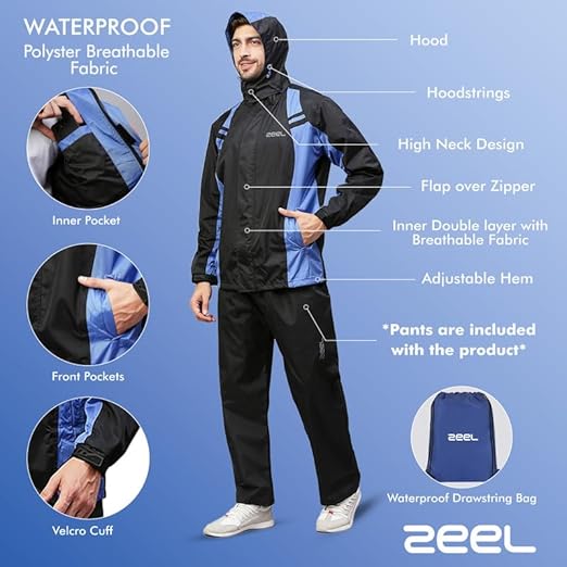 ZEEL Seam Sealed Raincoat | High Neck Jacket with Hood | Waterproof Pant and Carrying Pouch | JS508 Unisex-adult
