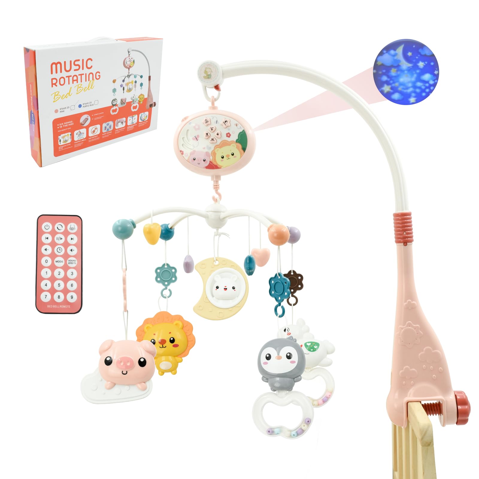 La cuna de la música para bebés se mueve, Aolkee Teléfono móvil giratorio 360 ° para cuna con control remoto, regalo de juguete para bebés para recién nacidos de 0 a 24 meses, rosa