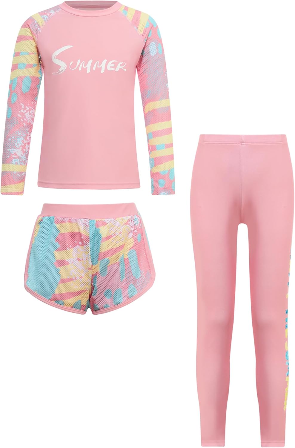 Child Girls Boys 3 Pcs Rash Guard Sets Athletic Swimsuit UPF 50+ Swim Top Brief with Leggings