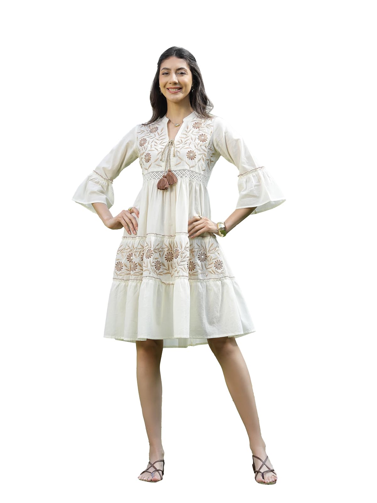 Stylum Women's Solid & Embroidered Cotton Tiered Dress (Drswhiteshiba42_White, Xl)