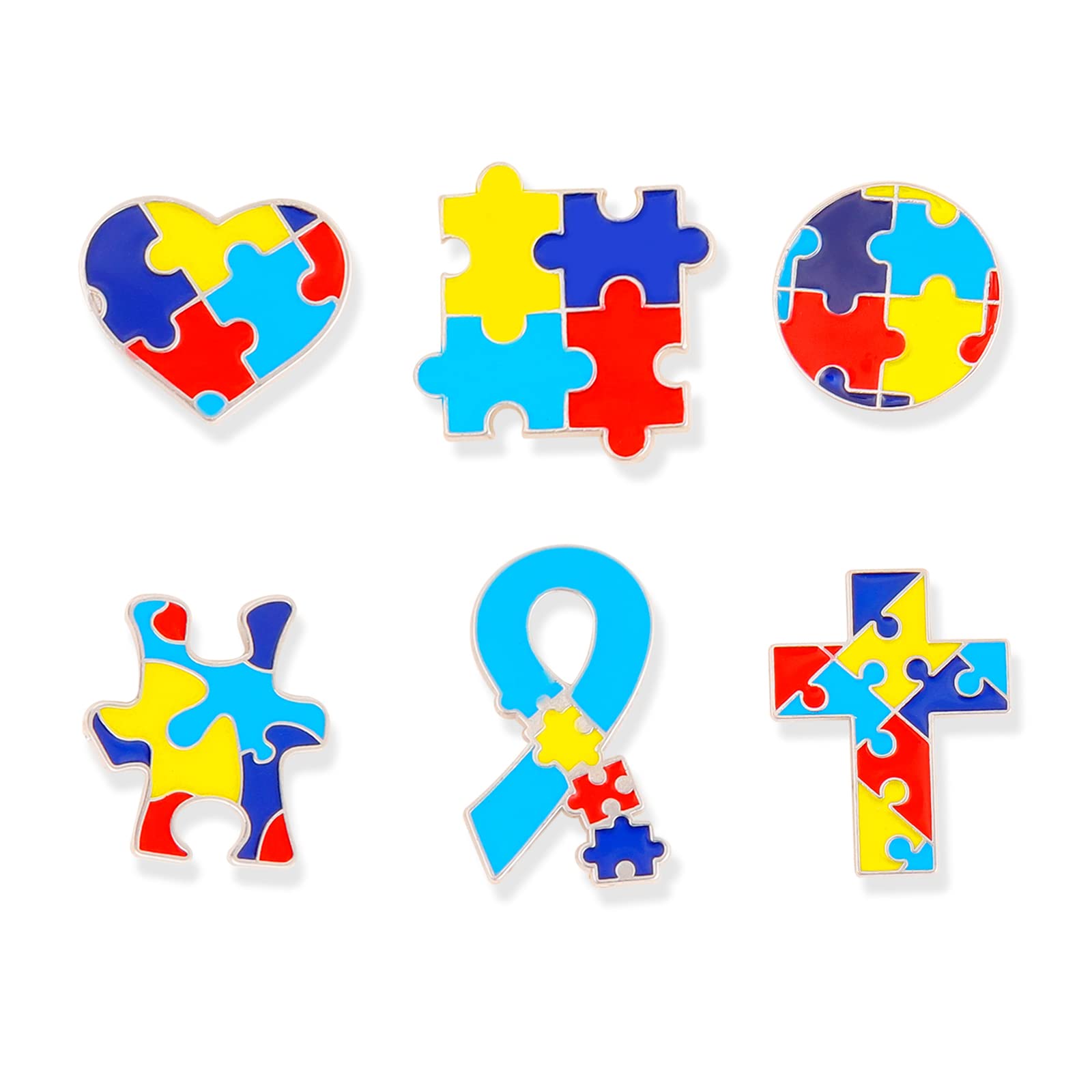 Autism Awareness Pins 6 Pcs Puzzle Ribbon Heart Cross Brooch Clothes Decor Fashion Accessories Gifts