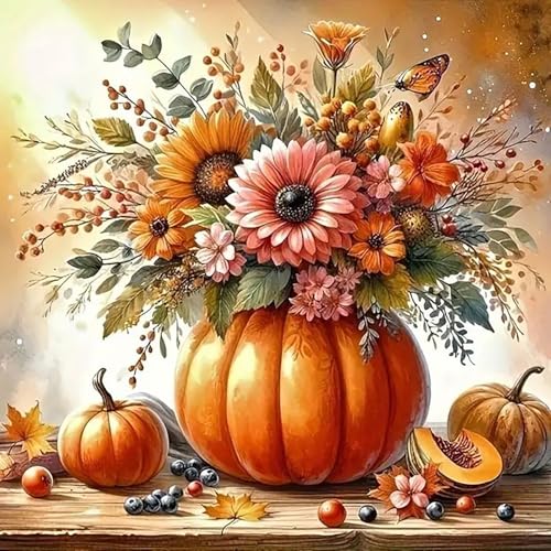 Fall Pumpkin Sunflower Butterfly Diamond Painting Kits for Adults 5D Diamond Art Kits for Adults Beginners DIY Full Round Drill Diamond Dot Painting Gem Art Kits for Adult Home Wall Decor 13.8x13.8 In