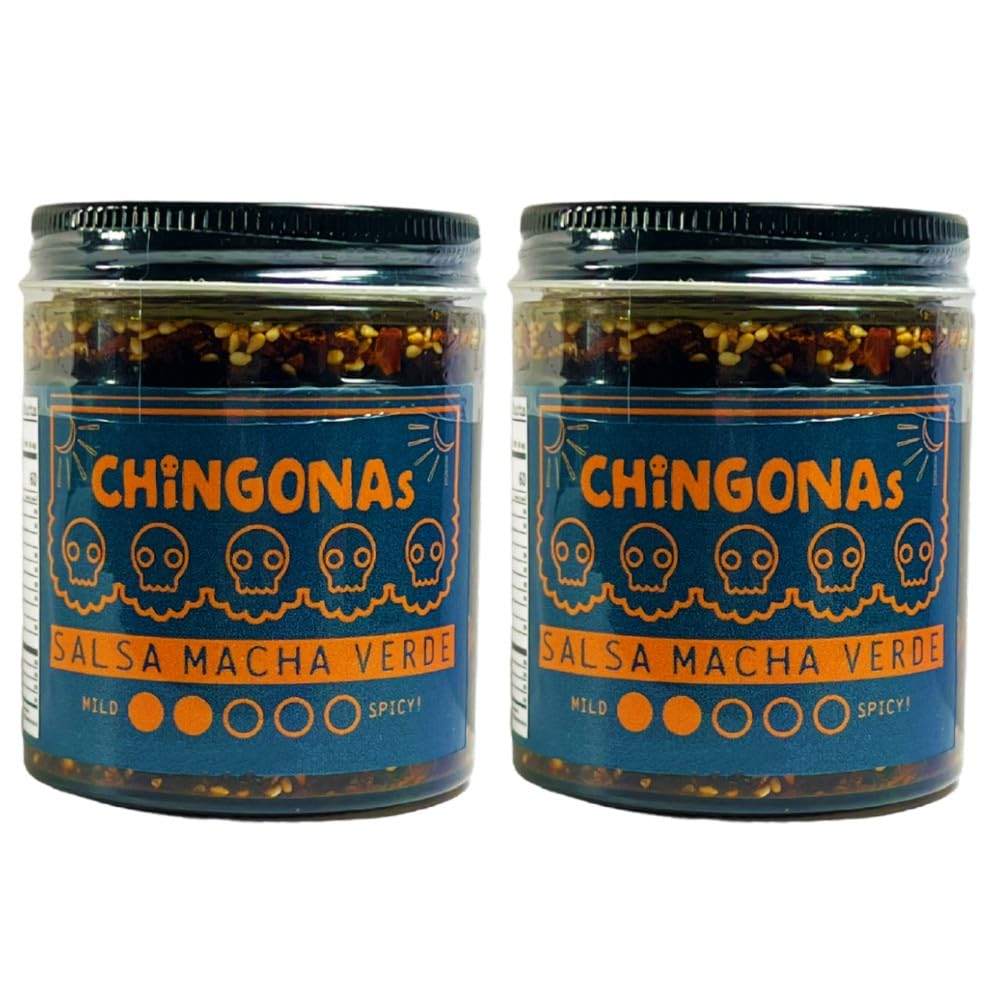 CHiNGONAs Salsa Macha Verde (2-Pack) - Gourmet Mexican Oil-based Chili Crunch Sauce, Vegan and Gluten-Free, Crunchy Chili Oil, 6oz