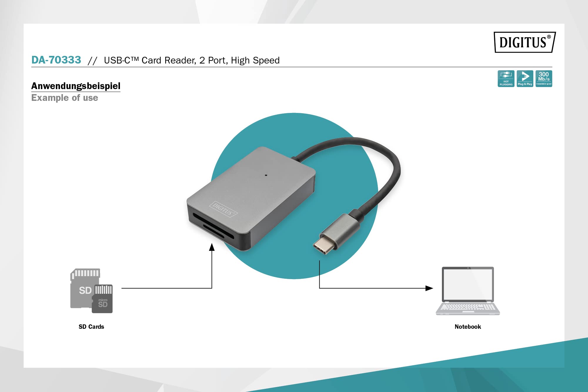 DIGITUS Czytnik kart USB-C - 2 porty - UHS-II SD4/TF4.0 - 300 Mbps - Plug & Play - SDXC, SDHC, SD, Micro SDXC, Micro SD, Micro SDHC - Space Grey