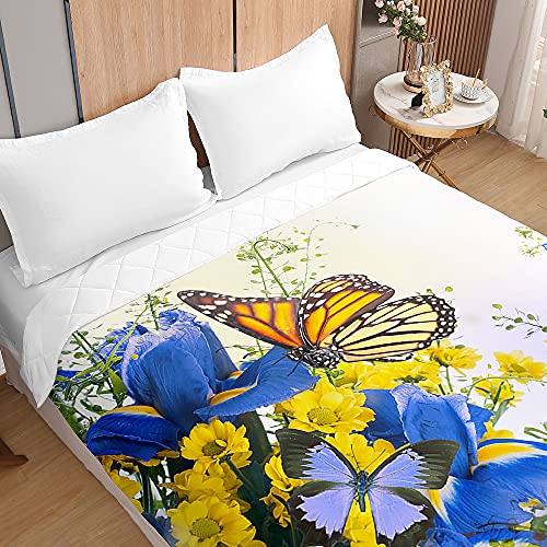 Couvre-lit matelassé réversible papillon fleurs jaunes 230x280 cm Chickw1 en microfibre douce