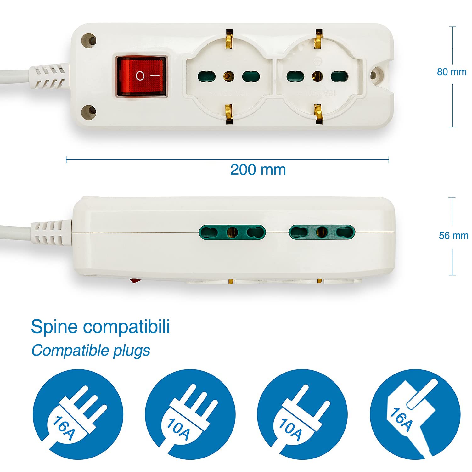 VELAMP - Ciabatta Multipresa Piatta a Presa Multipla (2 Prese Schuko + 10/16A e 4 Prese 10/16A), Ciabatta Elettrica Multipresa con Spina 16A, Cavo 1m, Interruttore Luminoso, Presa Sicura - Bianco