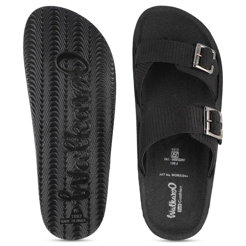 Image of Walkaroo Men's Double Buckle Slide Sandals|Open Toe Casual Flat Slippers,Adjustable Buckle Straps, Soft Cushioned Footbed, Fabric Upper,Lightweight Flexible Sole |Casual, Daily Wear, Home, Travel, Shopping&Comfortable Wear Sandals for Men's|WGR53044