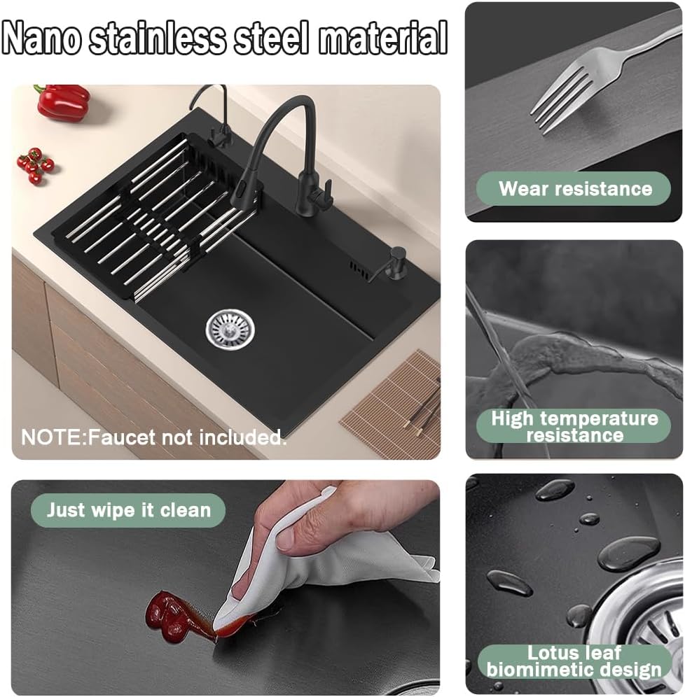 19.7 * 17.7in Drop In Kitchen Sink with 3 Holes,Black Topmount Stainless Steel Single Bowl Sinks With Drain basket & Soap dispenser