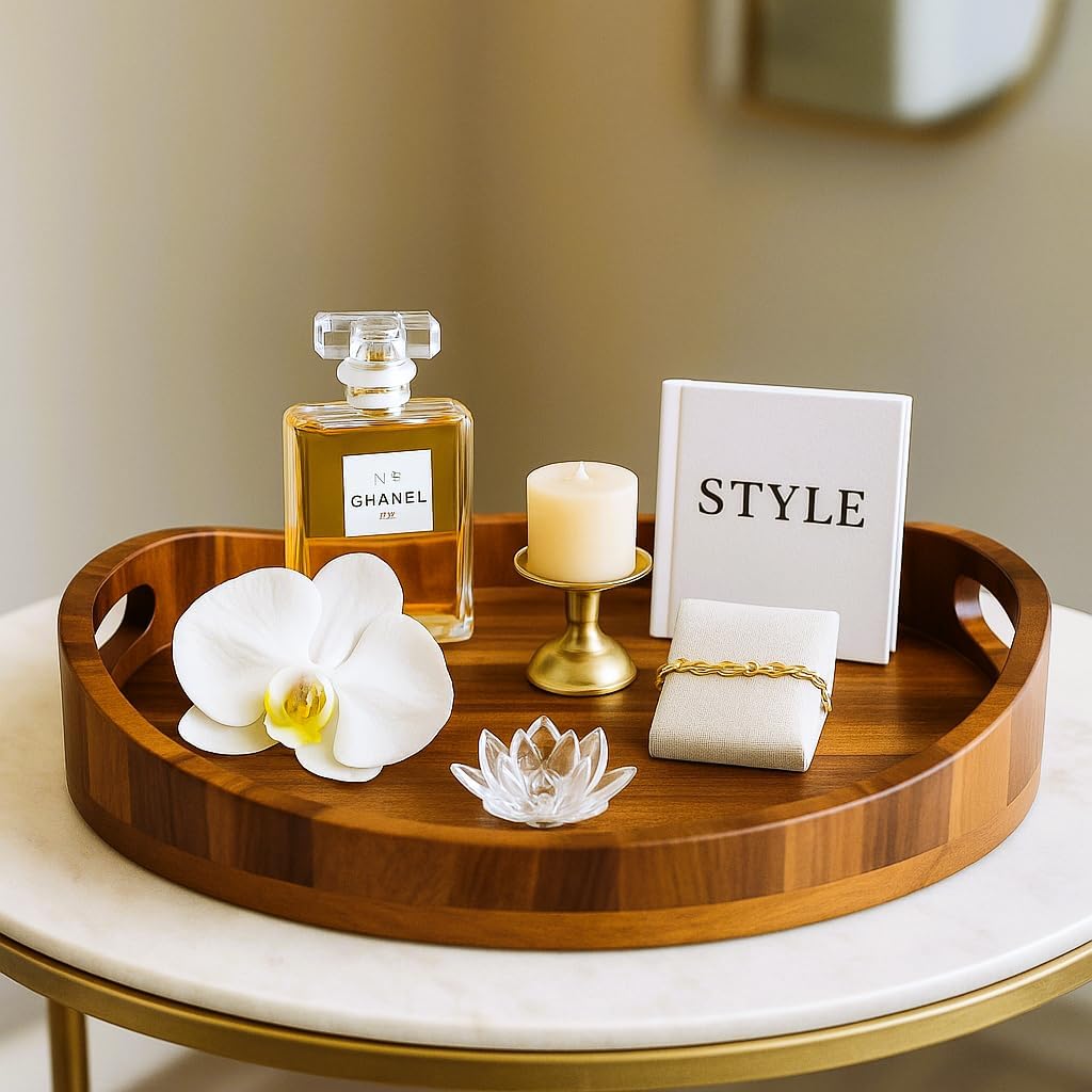 Acacia Wood Serving Tray with Handles, Premium Coffee Table Decor, 16.5”x12.5”, Oval Design, Breakfast in Bed, Decorative Ottoman Tray for Living Room, Serving Platter, Coffee Table, Candle Display - Image 3