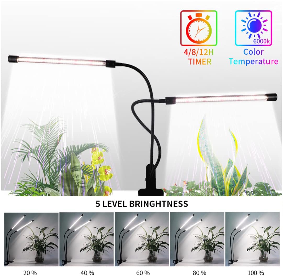 NUZAMAS Lampada LED Per Piante 20W - 2 Tubi Con 60 LED, 5 Livelli Di Luminosità, Timer 3/9/12H, Spettro Rosso/Blu, Alimentazione USB, Ideale Per Interni - 3