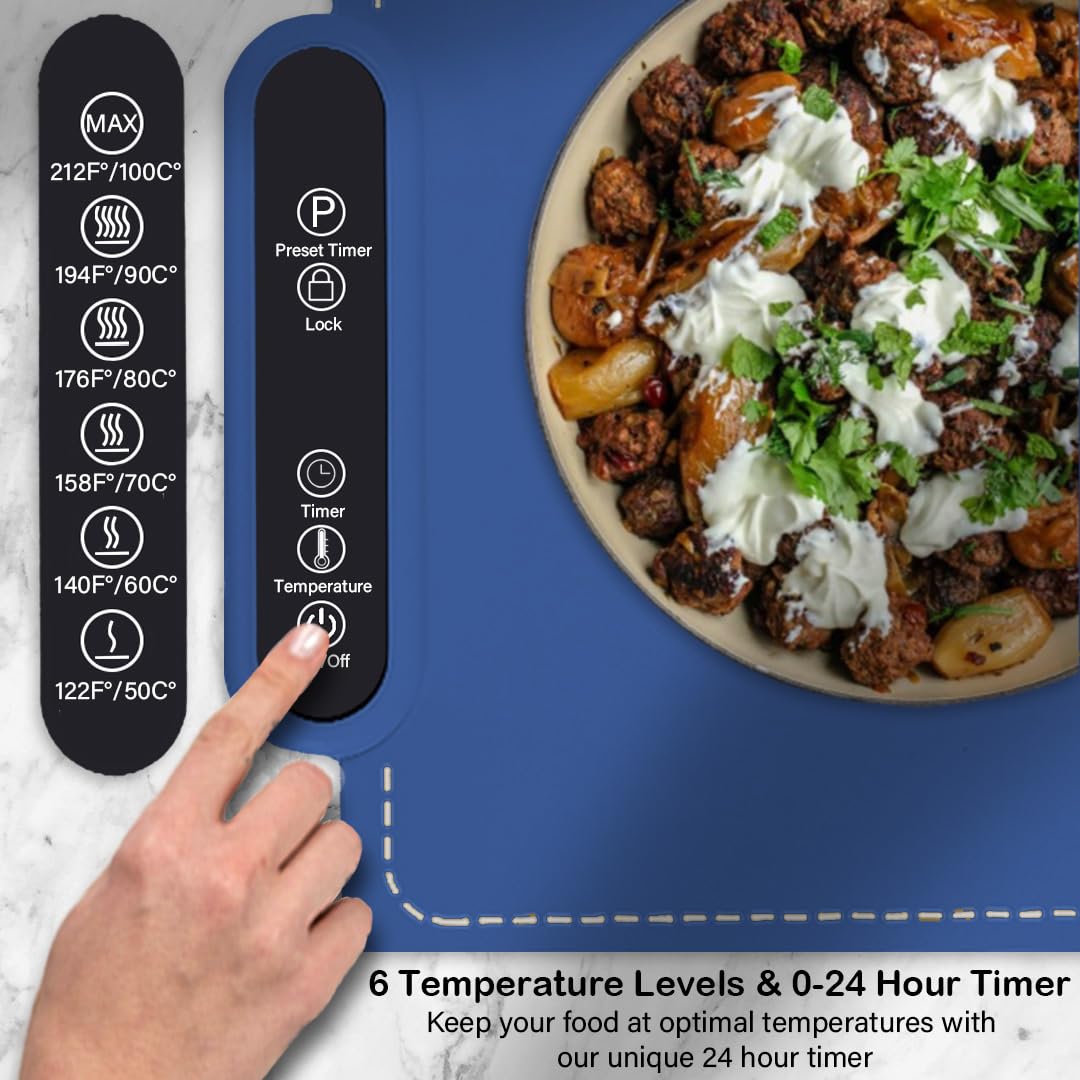 EXTRAMBOTIQUEX Food Warming Mat, Fast Heating Silicone Electric with 6 Level Temperature up to 24 Hours (Blue, 24'' x 14.8'' x 0.27'')