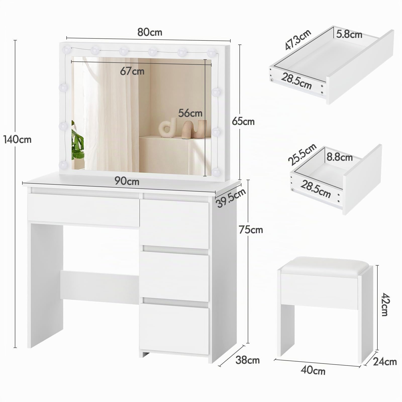 ALFORDSON Schminktisch Spiegel, Makeup Vanity 4 Schubladen und Aufbewahrungshocker, 90 cm Lange Schreibtischplatte, verstellbare LED-Leuchten, Schlafzimmer-Frisiertisch Frauen Mädchen,Weiß