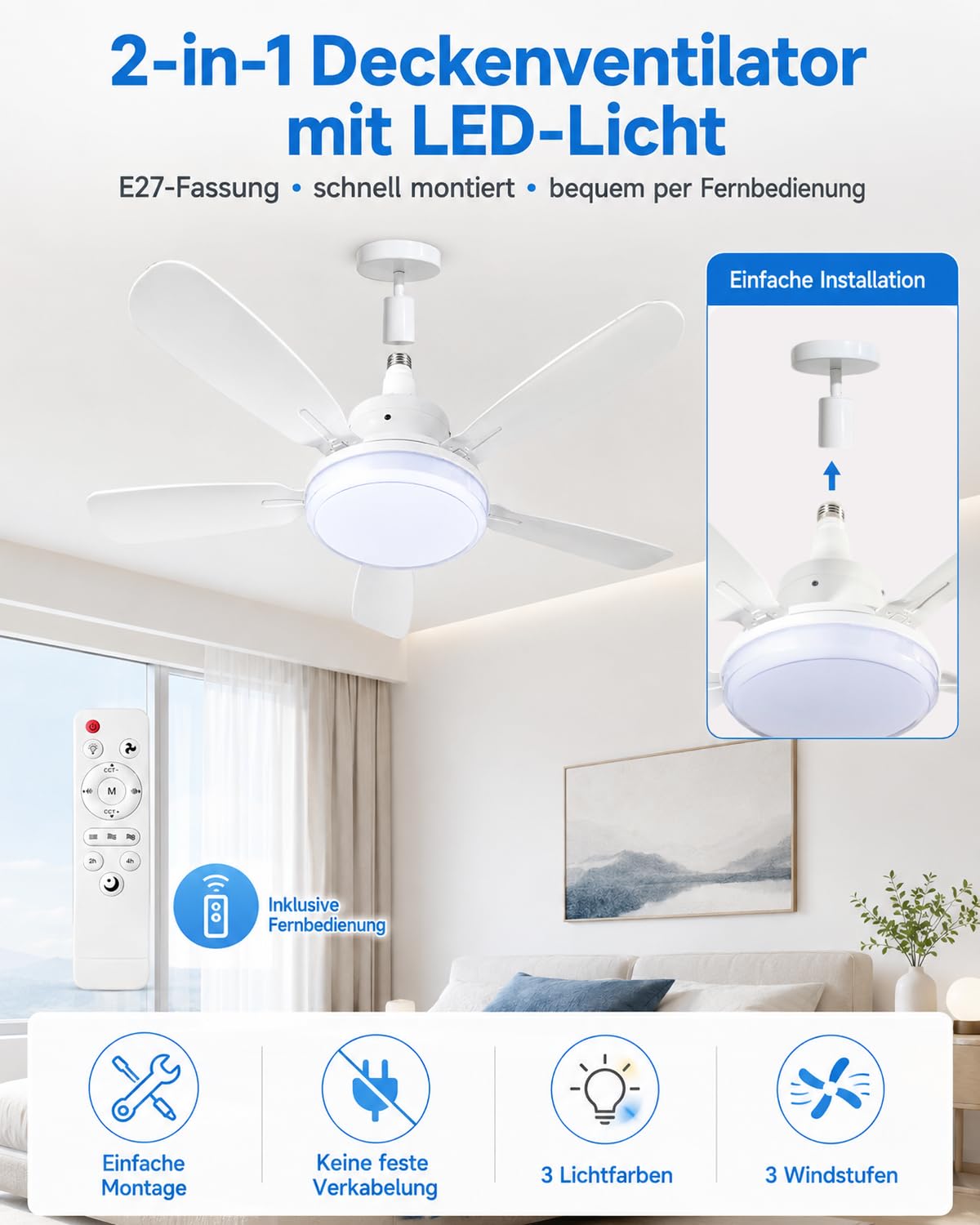E27 Deckenventilator mit Beleuchtung, 62cm, Fernbedienung