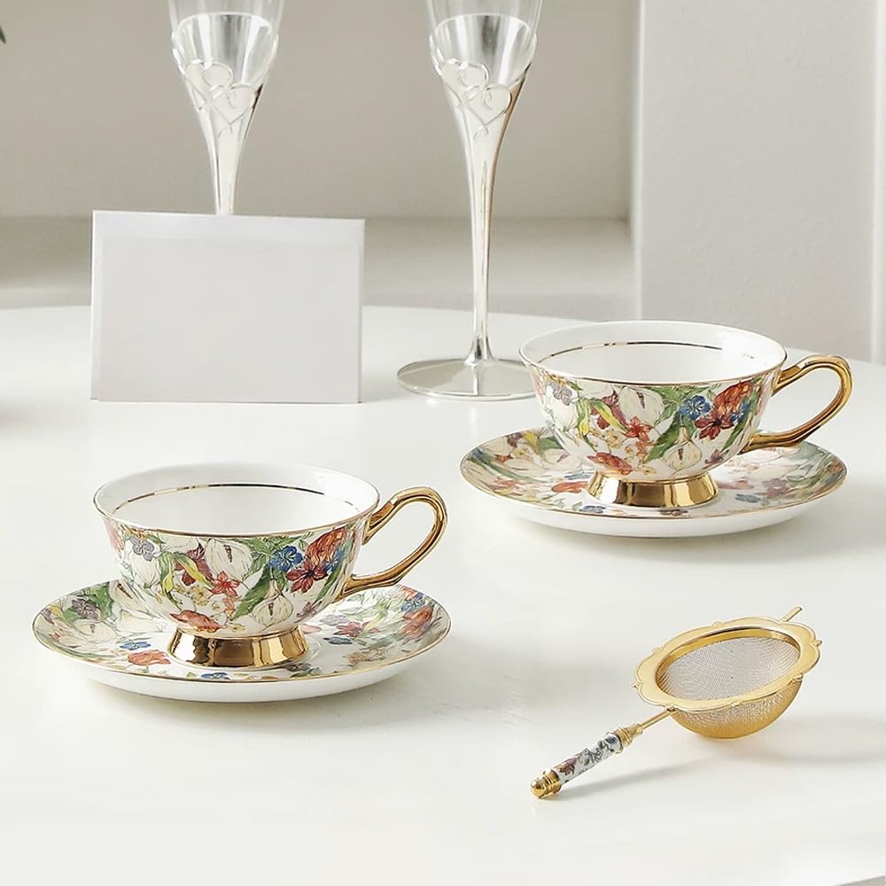 Zestaw filiżanek do kawy i spodków - Zestaw filiżanek do espresso Fine Bone China, Zestaw ceramicznych filiżanek do herbaty z opakowaniem prezentowym