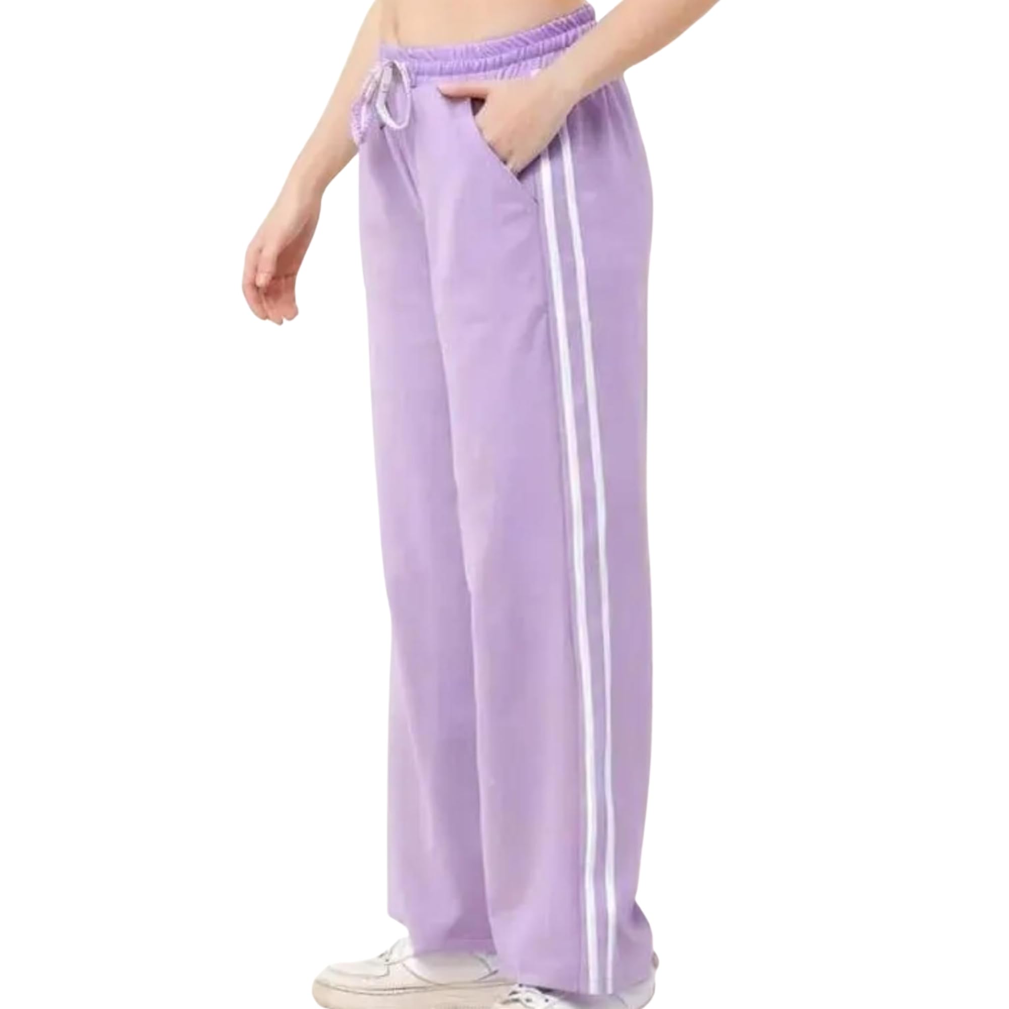 Women's Wide Leg Track Pants | Polycotton Casual Trouser for Women | Side Stripe Palazzo Pants with Drawstring Elastic Waist & Pockets | Relaxed Fit Lounge Gym Wear (in, Alpha, L, Regular, Purple)-picture-35