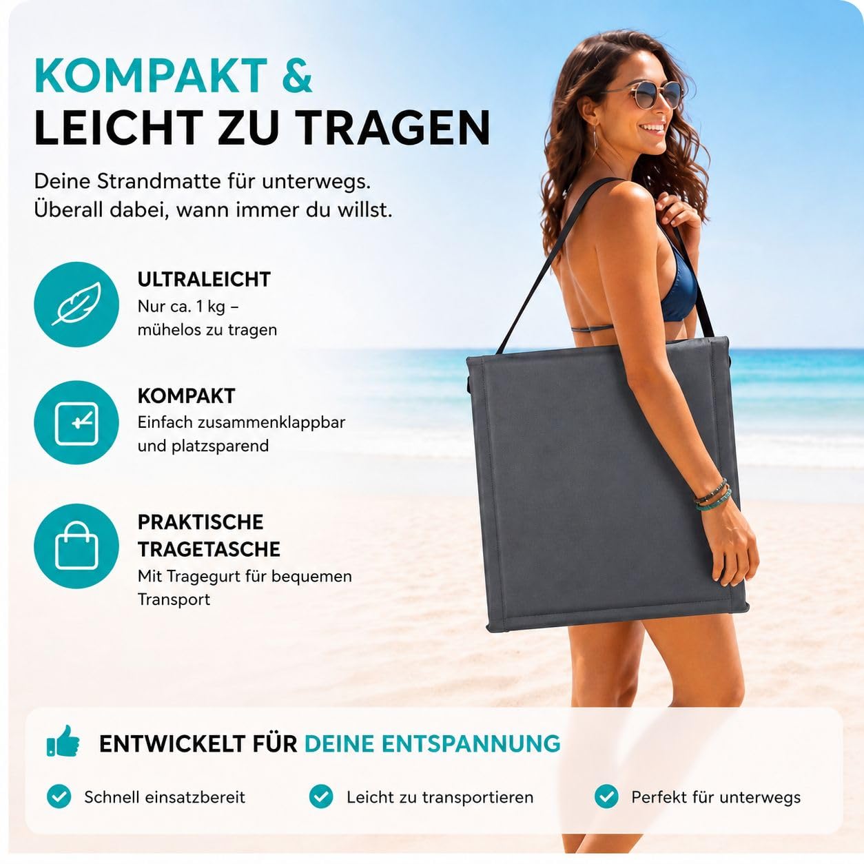 Intimo Living 2er Set Strandliege klappbar leicht – Bequeme Strandmatte mit Rückenlehne – Strandliege faltbar leicht mit Tasche – Verstellbarer Liegestuhl für Strand & Freibad (Grau, 152x51cm)