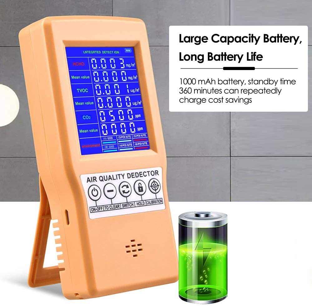 Moniteur de qualité de l'air, intérieur CO2 Dector Rechargeable CO2 formaldéhyde TVOC PM2.5/PM10 testeur pour Bureau à Domicile école