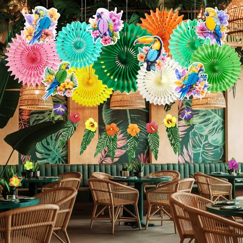 Image of PAPER JAZZ Tropical Toucan Hibiscus Party Decorations, Hawaiian Jungle Theme Supplies, Yellow Pink Hanging Ornaments for Luau Tiki Party