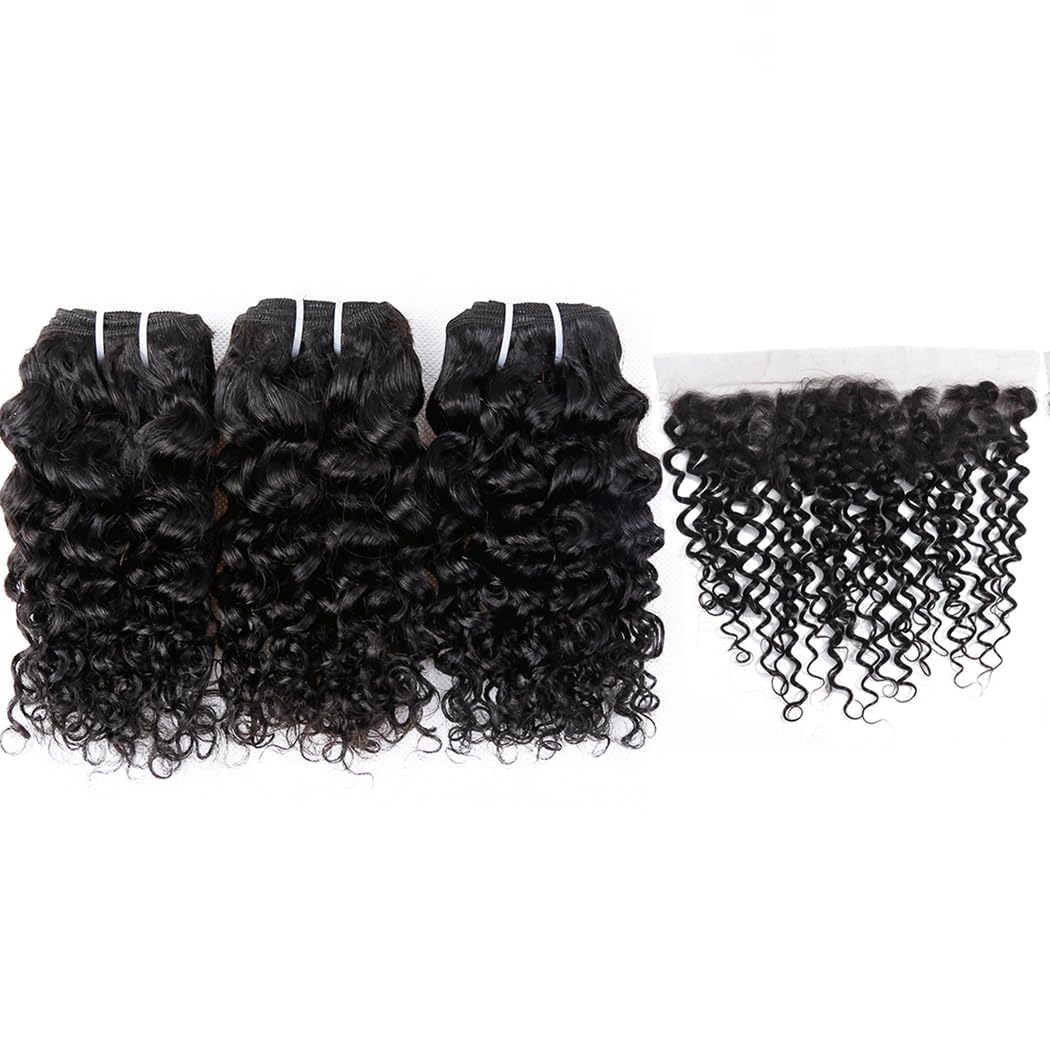 Deep Water Curly Wave Human Hair Bundles with Frontal(10 10 10+10) Wet and Wavy 3 Bundles and 13x4 Frontal Unprocessed Brazilian Short Bob Hair 50g/bundle Natural Black - Image 2