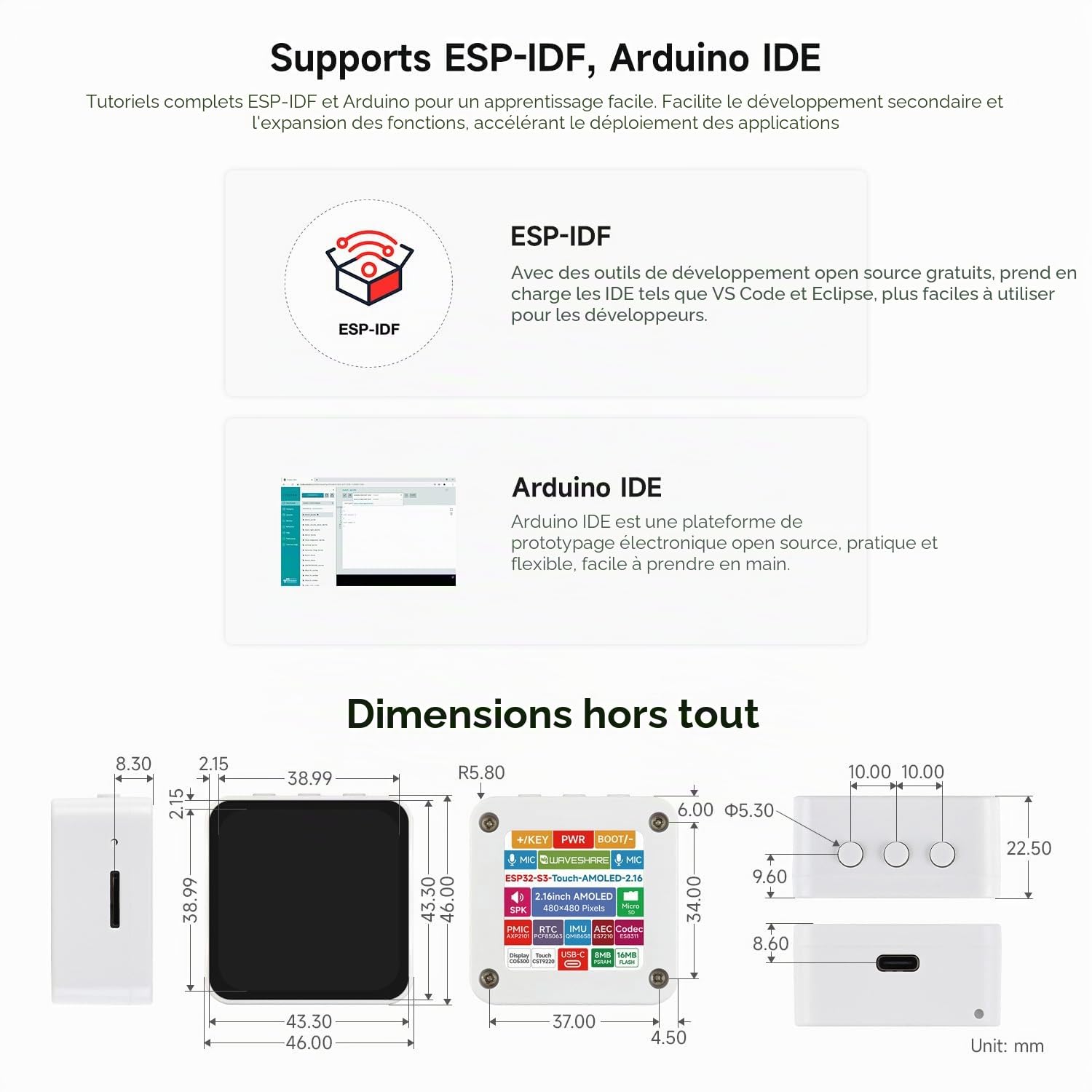 Waveshare ESP32-S3 2.16inch AMOLED Display Development Board, 480 x 480 Resolution, 16.7M Color, Supports Dual Microphones, 2.4GHz Wi-FI and BLE 5