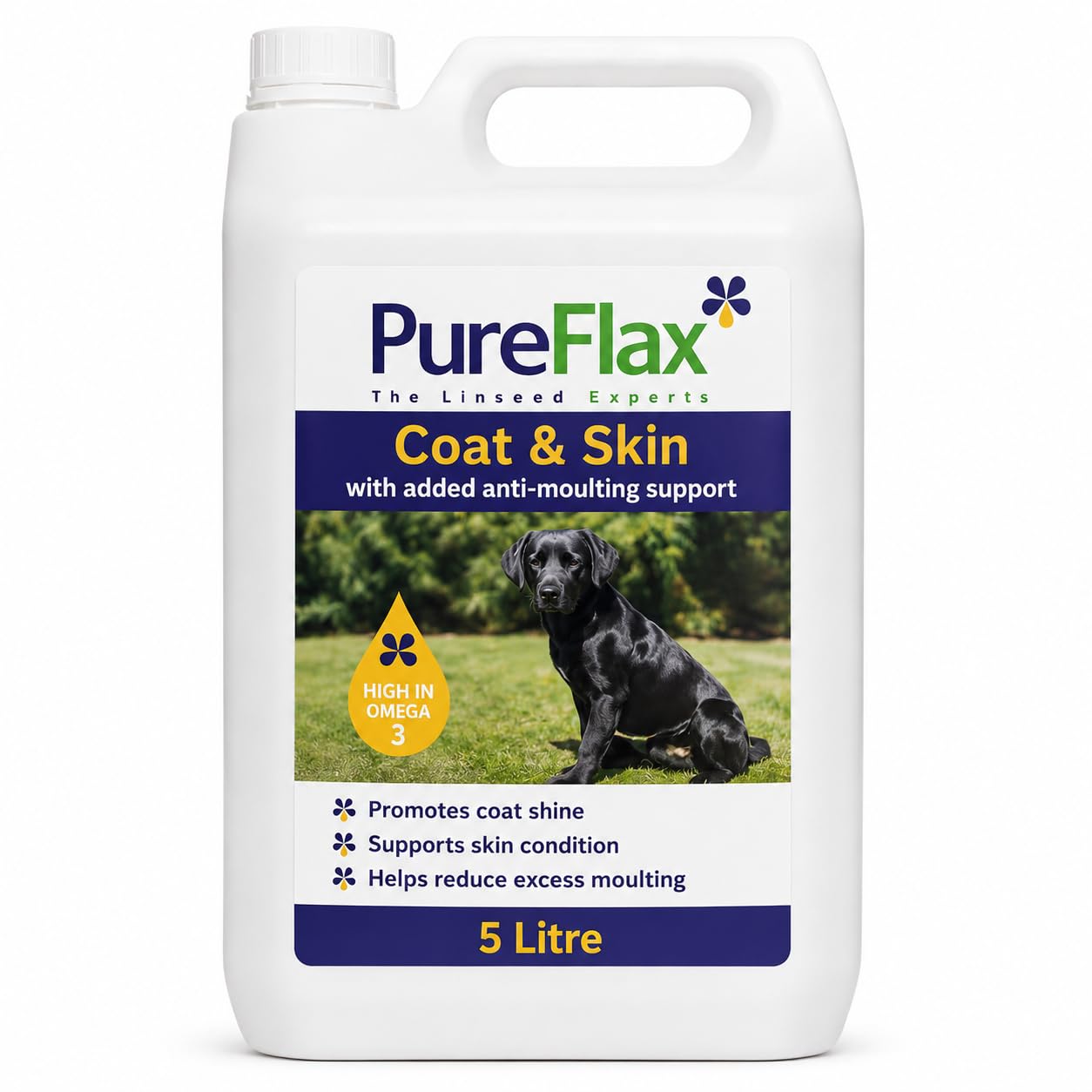 Pureflax Dog Skin & Coat Supplement with Anti-Moulting Support | Flax & Starflower (Borage) Oil | Omega 3, 6 & Natural Vitamin E | Reduces Shedding, Dry & Itchy Skin (5L)