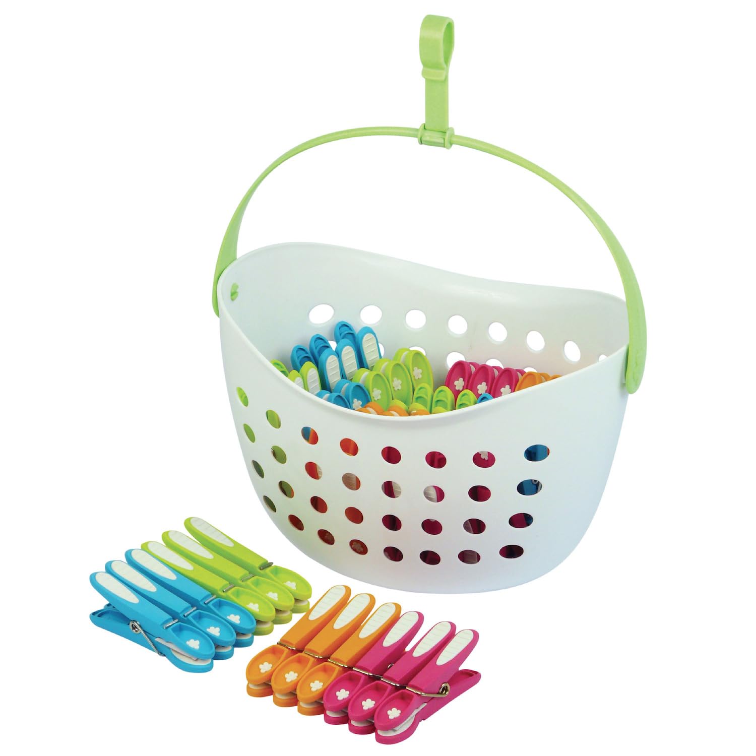 Cesta con 48 Pinzas Antideslizantes – Fabricación Francesa – Cesta Blanca – Pinzas a Juego (Verde, Azul, Naranja, Rosa)