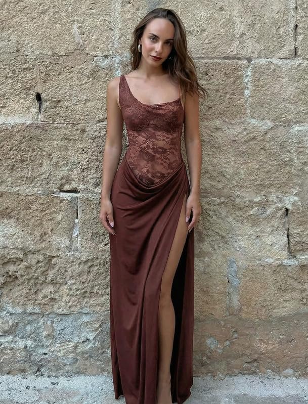 Vestito Donna Elegante Monospalla Spaghetti Strap Abito Lungo in Pizzo Floreale Aderente Vestiti Senza Maniche Sexy Maxi Abiti con Alto Spaccato Laterale Bodycon Abito da Discoteca Festa Sera
