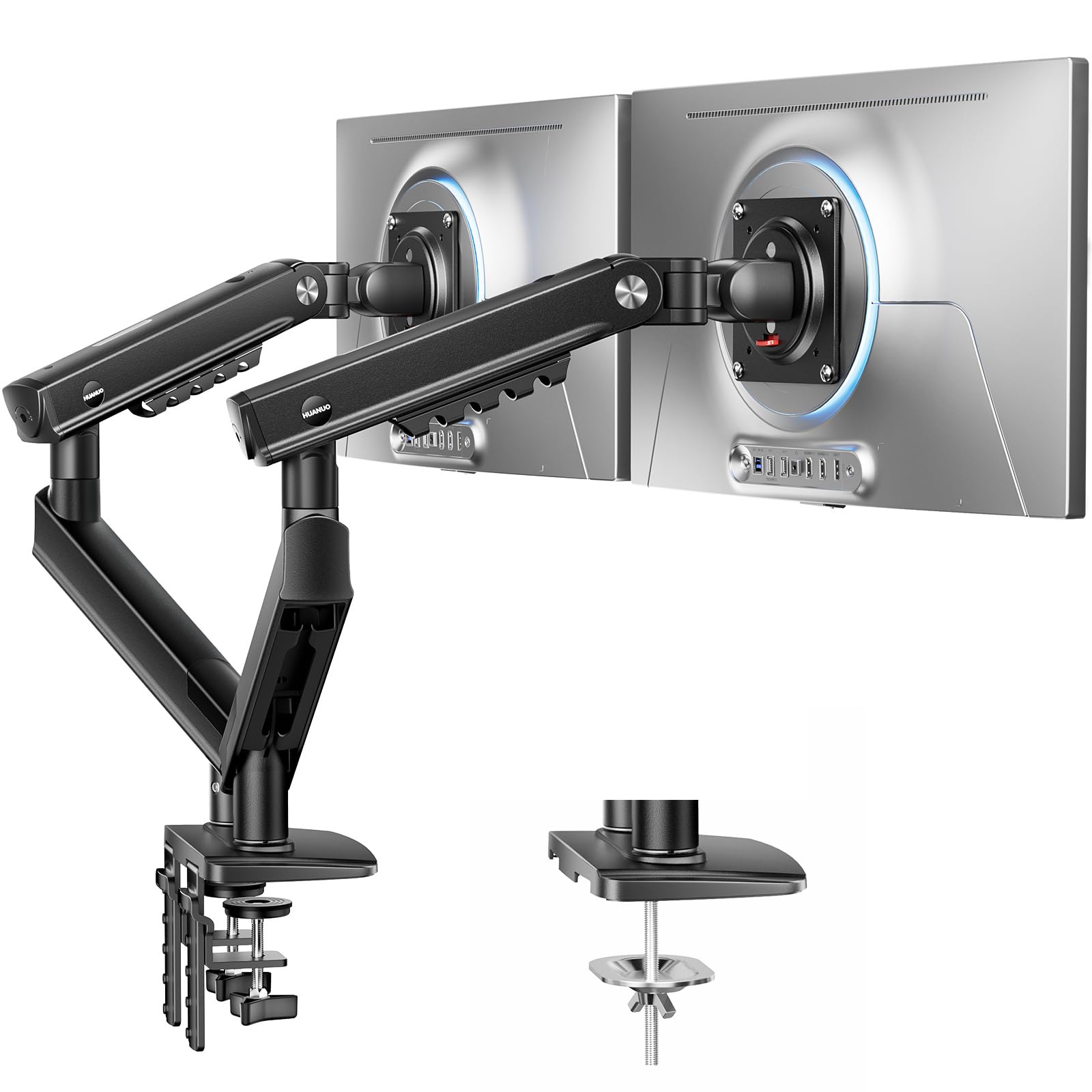 HUANUO Braccio Monitor Doppio per Schermi 13–32" (max 9 kg), FlowLift Pro Supporto Monitor, MechaSpring (Inclinabile/Girevole/Rotante), Montaggio VESA senza Attrezzi, base con Morsetto a C o Passacavo