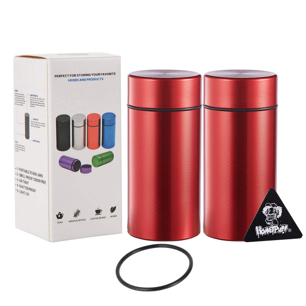Honeypuff Smell Proof Jar, Portable Airtight Storage Container With Silicone Ring, 42ml Multi-Use Aluminum Stash Bottle for Coffee, Herb & Spice Keep Fresh (Red-2pcs)