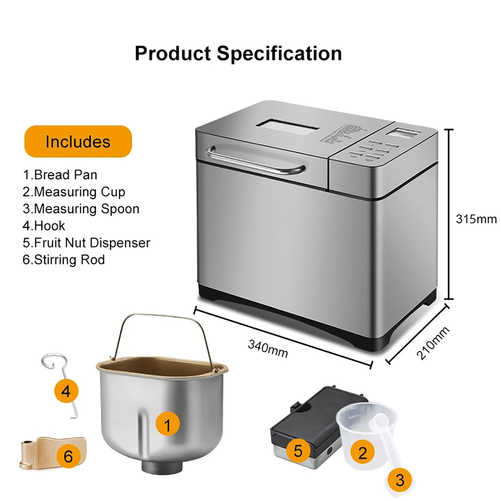 Macchina per Il Pane Automatica, Macchina per Il Pane Professionale in Acciaio Inossidabile con Dispenser per Noci E Timer Ritardato di 15 Ore, capacità di 1 Libbre, 3 Dimensioni di Pane