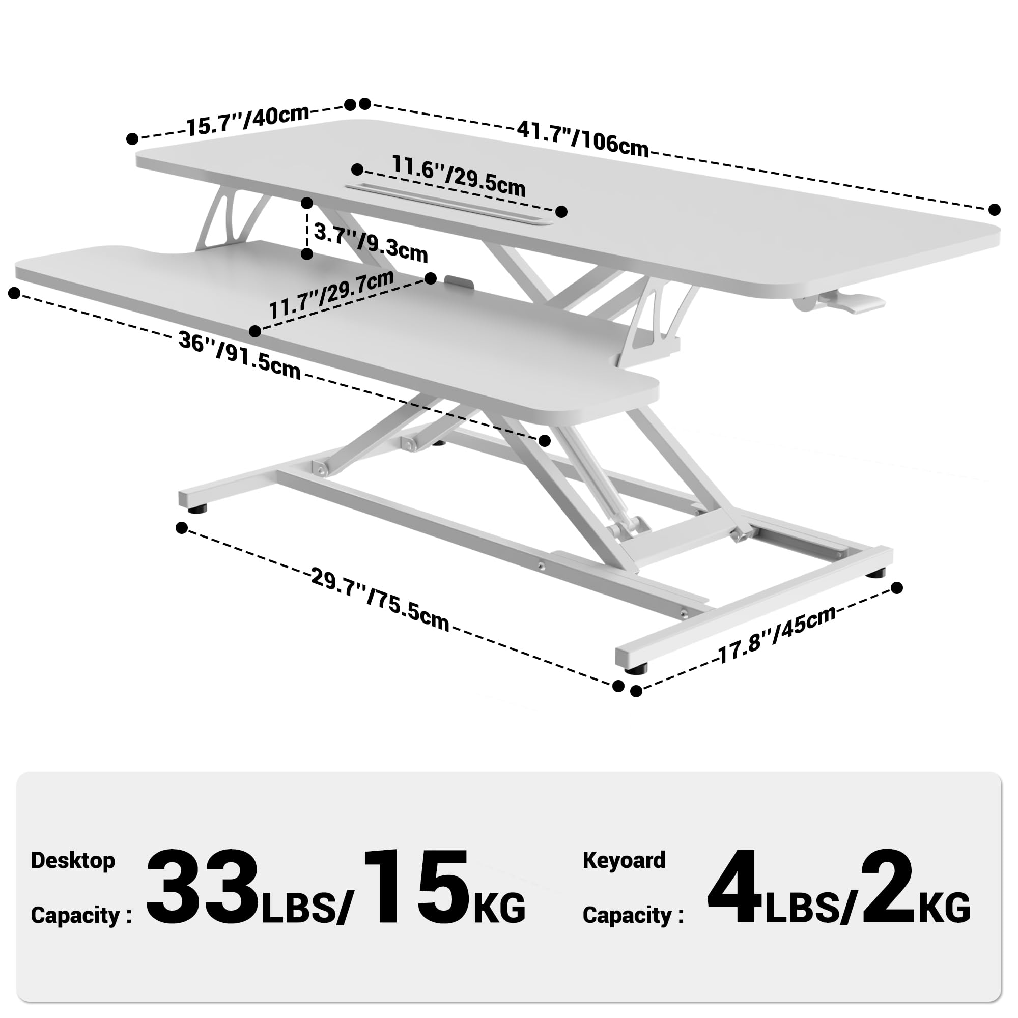 ERGOMAKER Convertisseur de Bureau Debout réglable en Hauteur avec Large Plateau pour Clavier, pour Deux écrans,Blanc - 106 cm