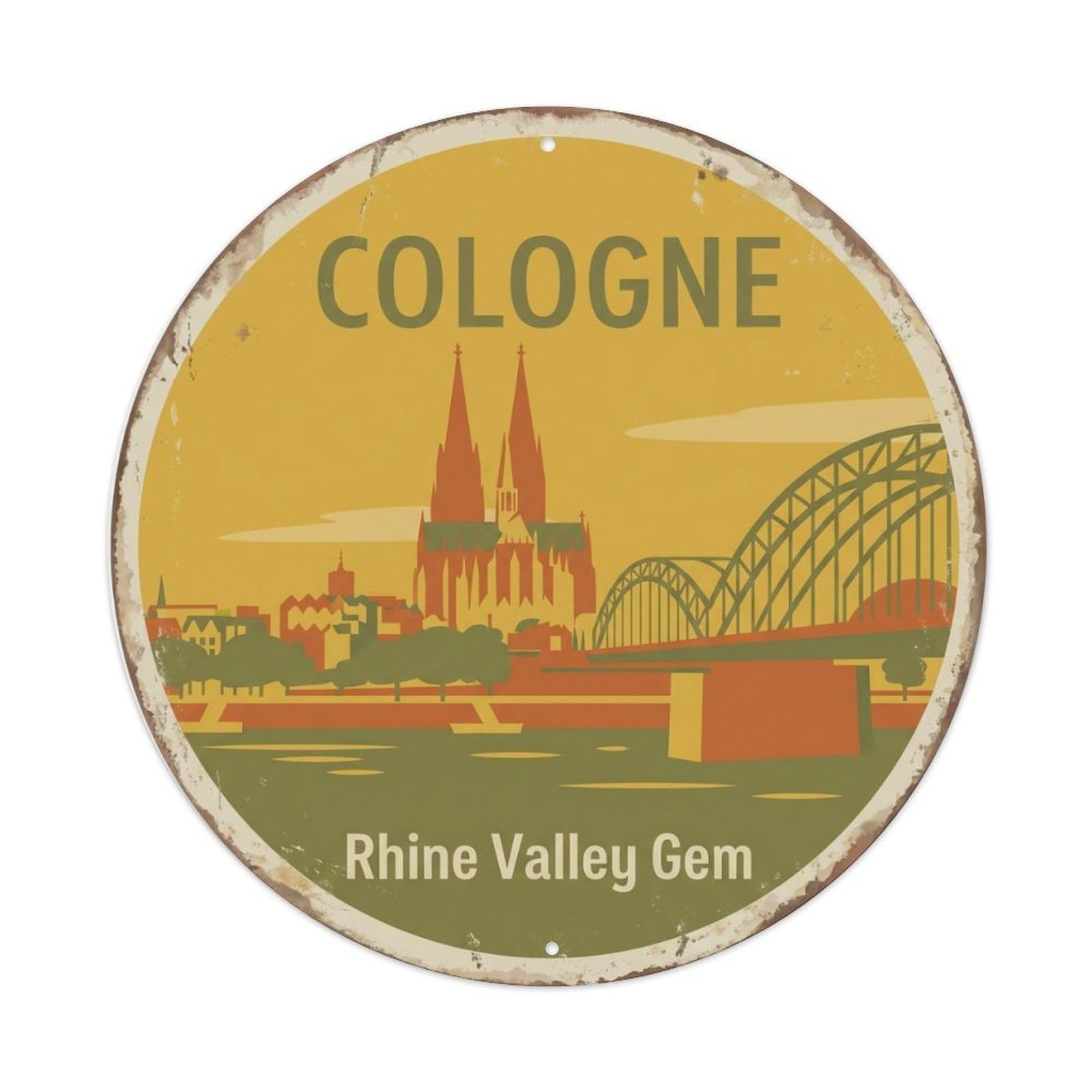Vintage Travel Cologne Rhine Valley Metal Tin Sign Plaque Wall Decor for Cafe, Club Bar, Office, Home Garden Round Metal Poster 8x8Inch