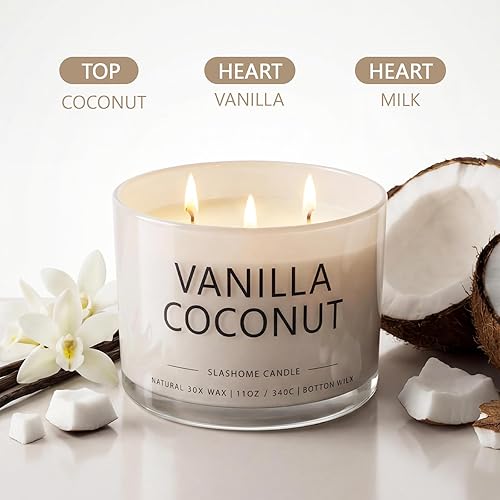 Miniatura 3 de Velas con aroma a vainilla y coco, velas grandes de 3 mechas para el hogar, velas de lujo de soja de 12 onzas, 50 horas de tiempo de combustión,